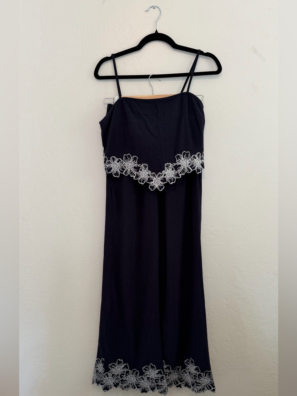 Navy Floral-Trim Spaghetti Strap Two-Piece Pant Set